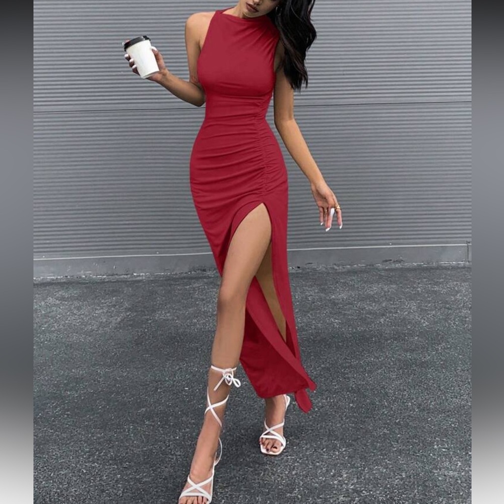 Asymmetrical Mock Neck Ruched Split Thigh Dress Rose Red